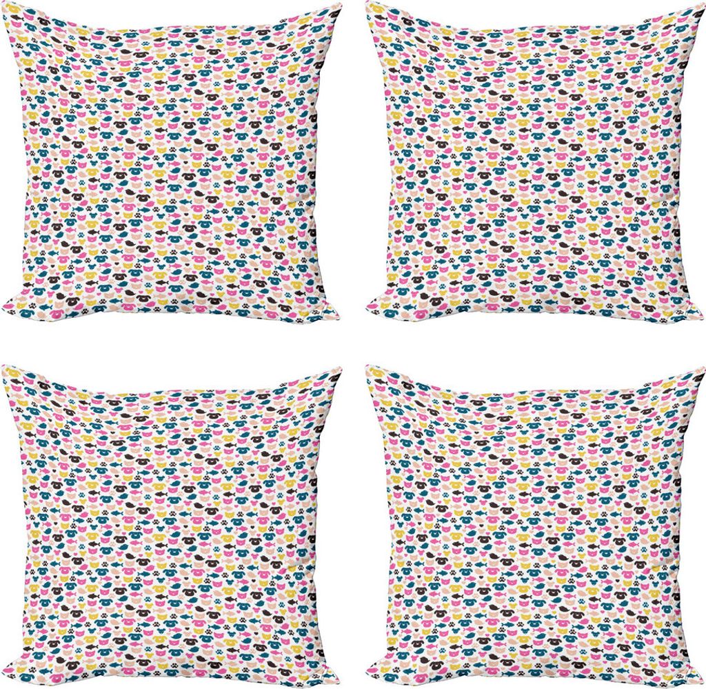 ABAKUHAUS Tier Kissenbezug Set (4 Stück), Bunte Fröhlich Haustiere, Moderner Doppelseitiger Digitaldruck, 50 cm x 50 cm, Mehrfarbig