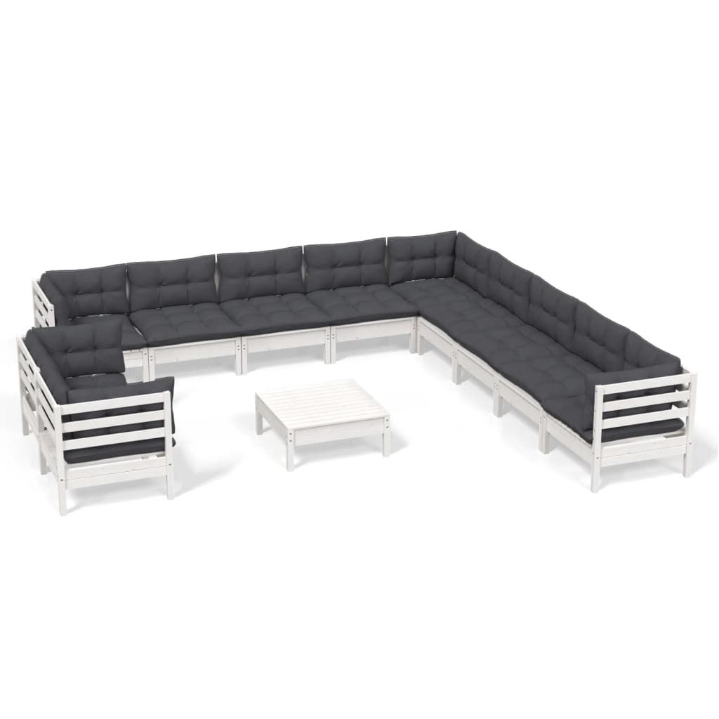 12-tlg. Garten-Lounge-Set mit Kissen Weiß Massivholz Kiefer