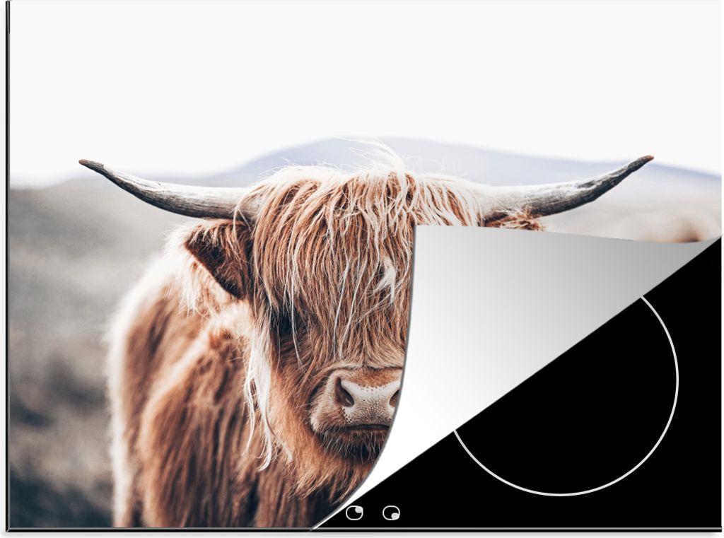 KitchenYeah Herdabdeckplatte Schottischer Highlander - Berg - Hoorn , 59x51cm, Küche Deko, Glaskeramikfeld Herdabdeckung, Abdeckplatte fùr Koch...