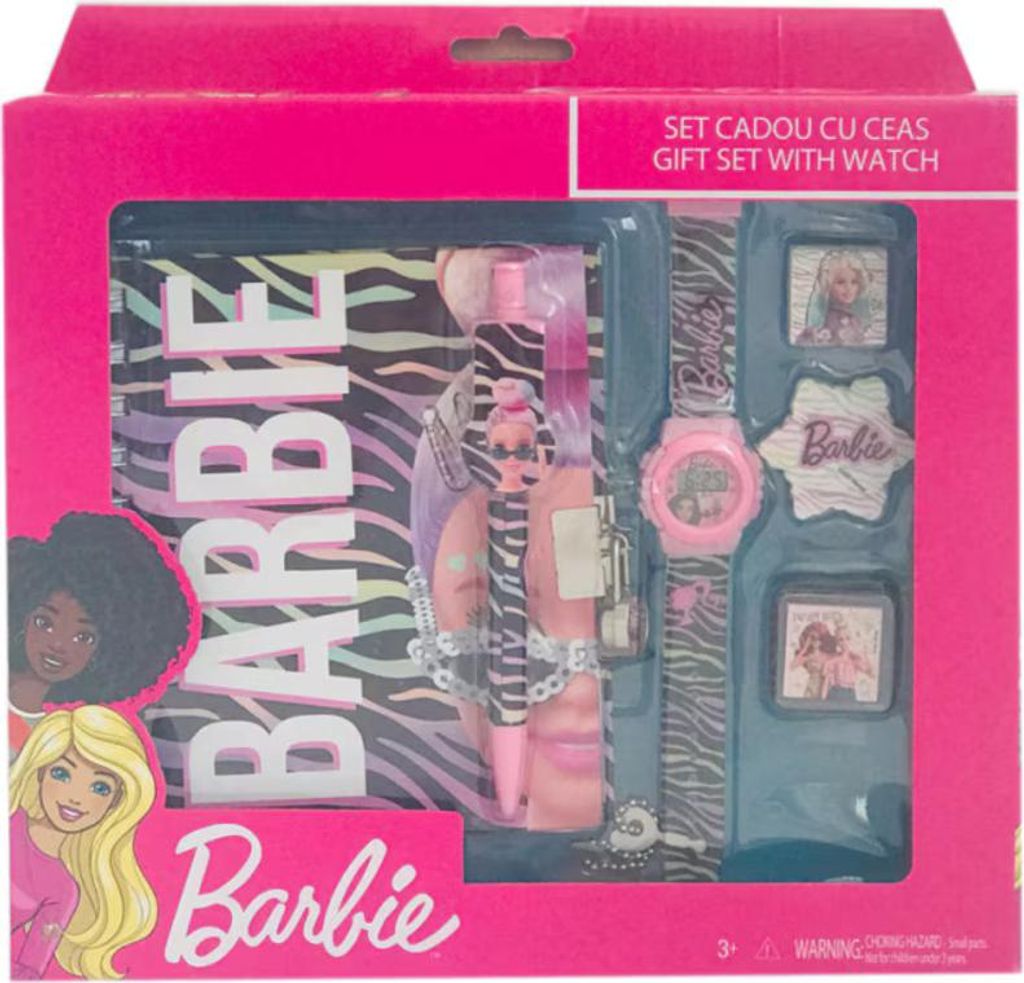 Tagebuch-Set, Barbie Geschenkset mit Schloss, Stempel, Stift & Digitaluhr, Rosa