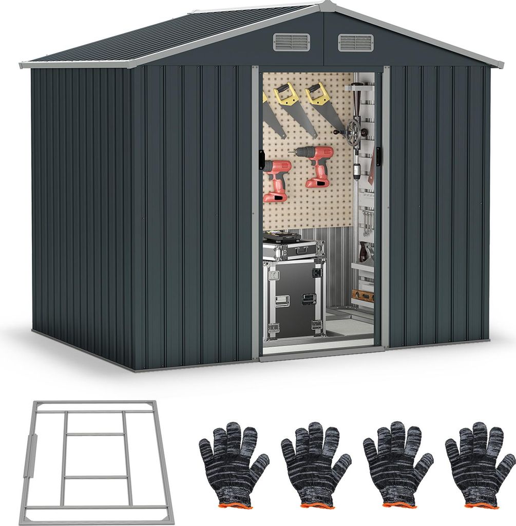 COSTWAY Geräteschuppen, Gerätehaus Metall mit Pultdach, Schiebetüren, 4 Luftventile & Bodenbasis, Gartenhaus, Fahrradgarage 235x171x196cm