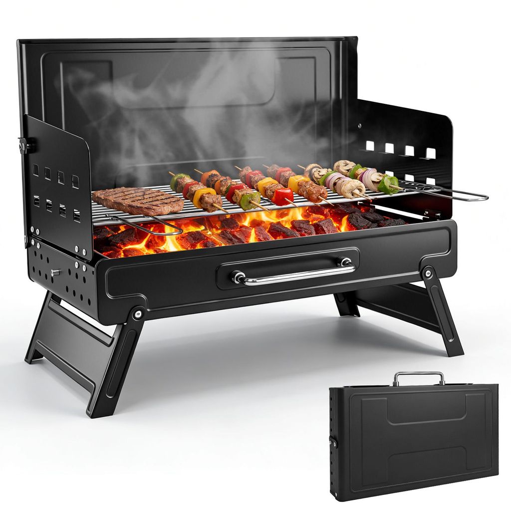 SunJas Klappgrill Camping-Grill Klein Foldable Portable Holzkohlegrill, Kompakte Tragbare Grill für Den Außenbereich, BBQ