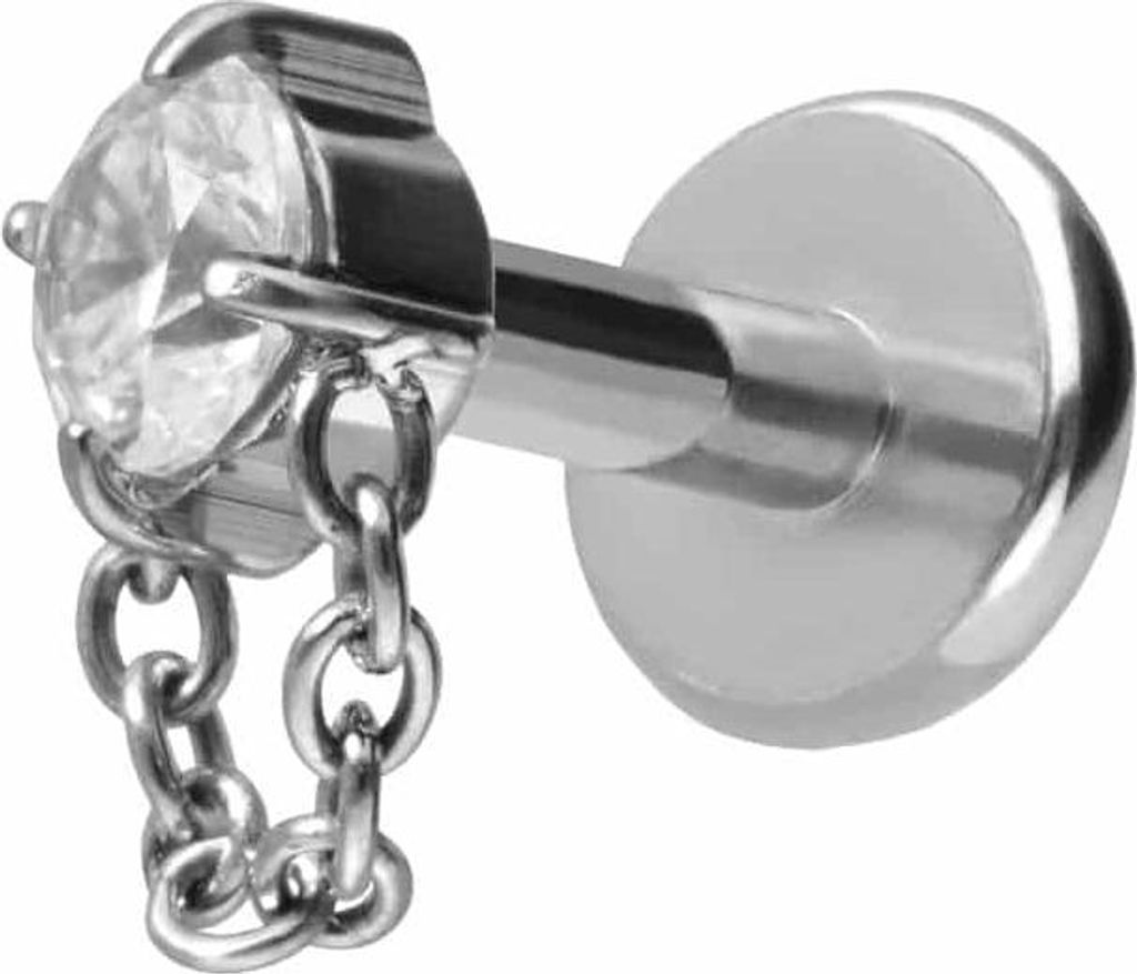 Ohrpiercing, Nasenpiercing Titan Labret mit Push Fit KRISTALL + KETTE Silber Stablänge: 6mm | Stabstärke: 1,2mm