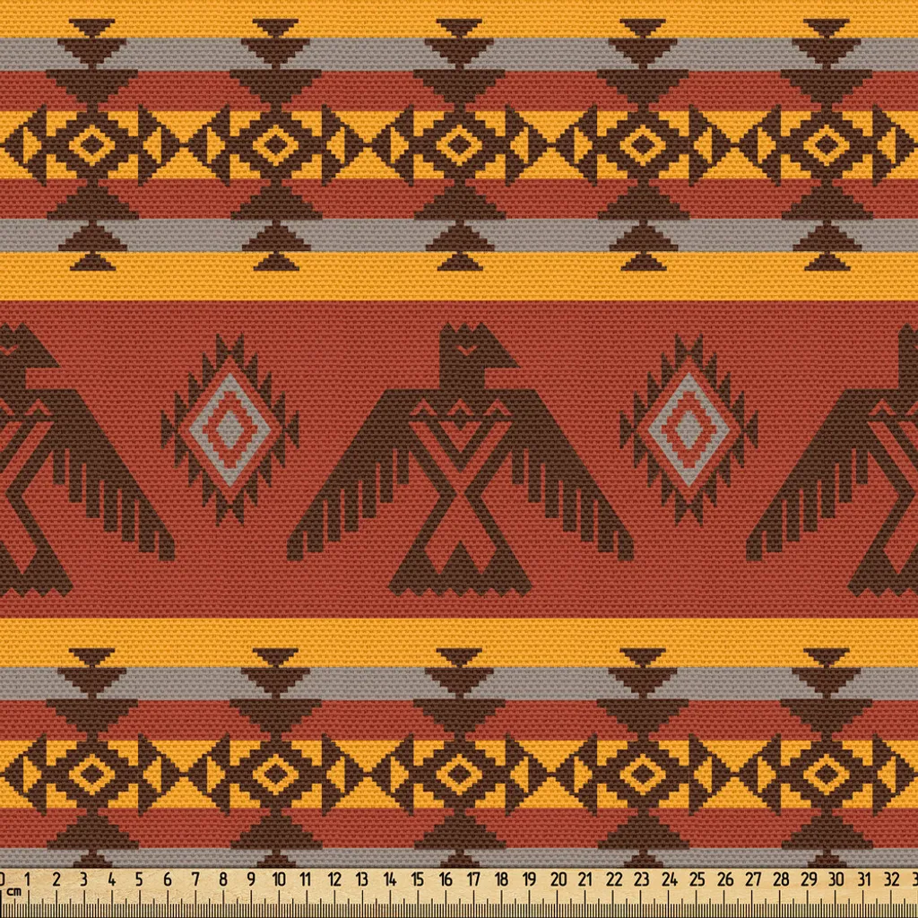 Tissu tribal ABAKUHAUS au mètre motifs aigles et éléments indigènes 3m