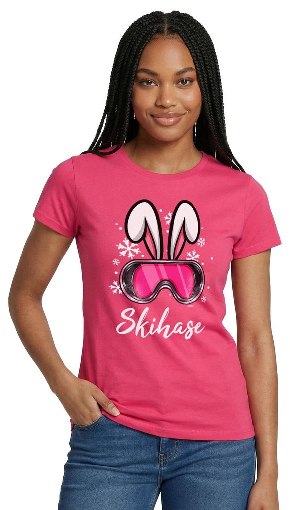 Spreadshirt Schneehase Skibrillen Design Frauen T-Shirt, XL, Azalea