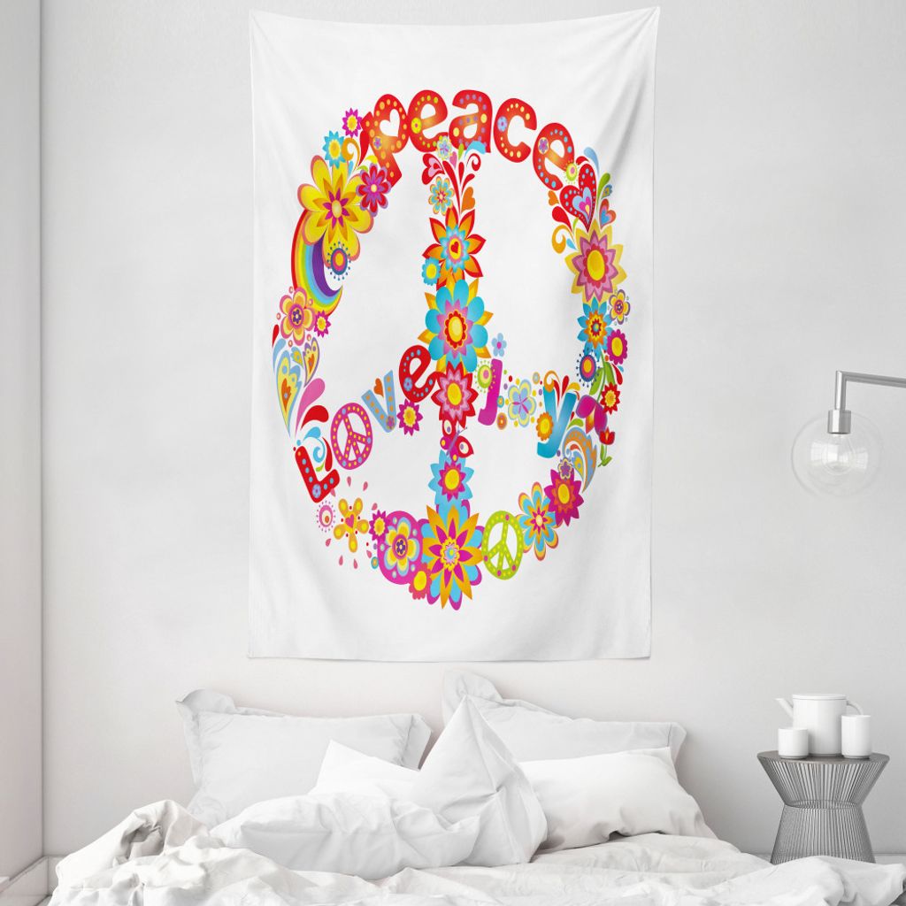 ABAKUHAUS Festlich Wandteppich und Tagesdecke, Peace Love Joy Blumen aus Weiches Mikrofaser Stoff Waschbar ohne Verblassen Digitaldruck, 140 x 230 ...