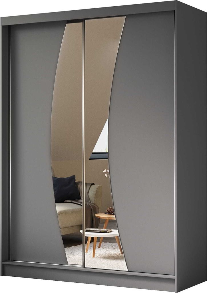 AGMAT Schwebetürenschrank Bergen, Kleiderschrank mit 2 Türen und Spiegel, Moderne Garderobe in Farbe: Graphit / Graphit, Schrank in Größe: 160 ...