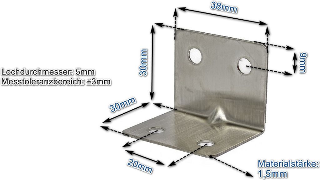 Edelstahl Winkel 30x30x38mm V1 (VE 10Stk) 1x einsetzbar als Lochwinkel, Metallwinkel, Balkenwinkel, Verbinder, Winkelverbinder