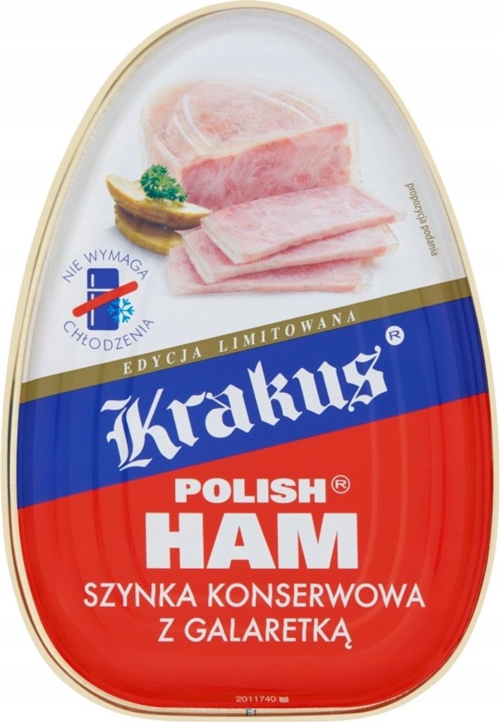 A product shot of a can of Krakus Polish Ham.