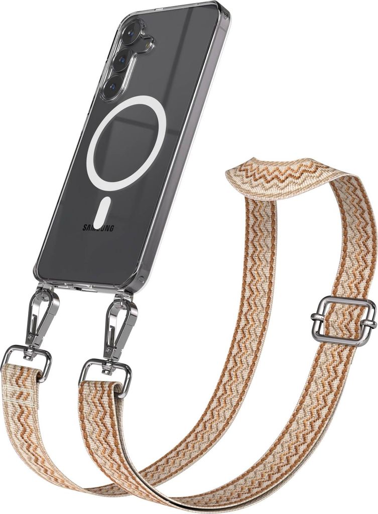 EAZY CASE - Handykette mit MagSafe Hülle für Samsung Galaxy S25 FE, Handyband Mix Style, Karabiner Silber, Umhängeband in Braun