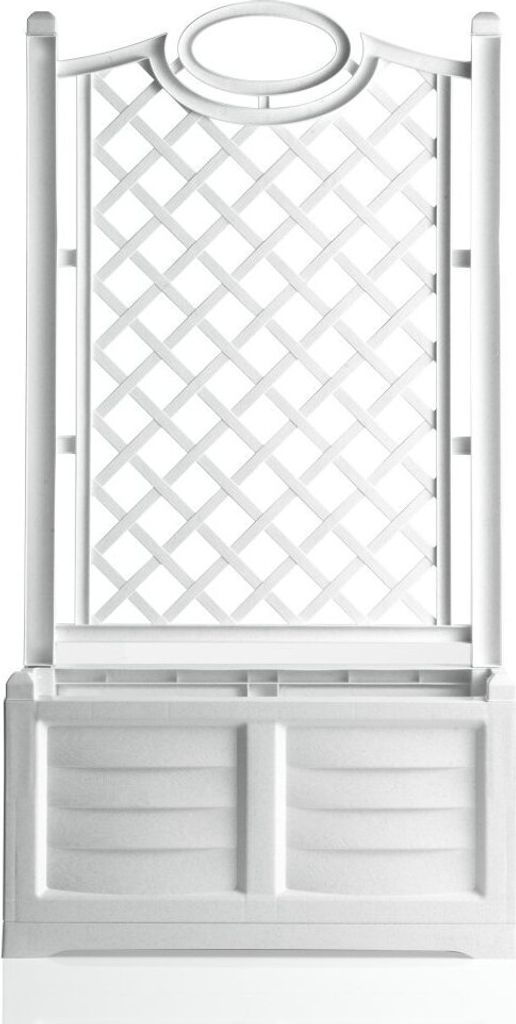 A white planter with a trellis.
