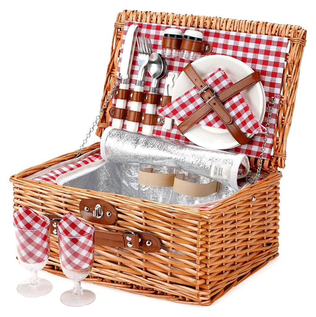 Picknickkorb für 2 Personen mit isoliertem Fach, handgefertigter Korb im klassischen roten Karo mit Utensilien und Besteck, ideal für Picknick un...
