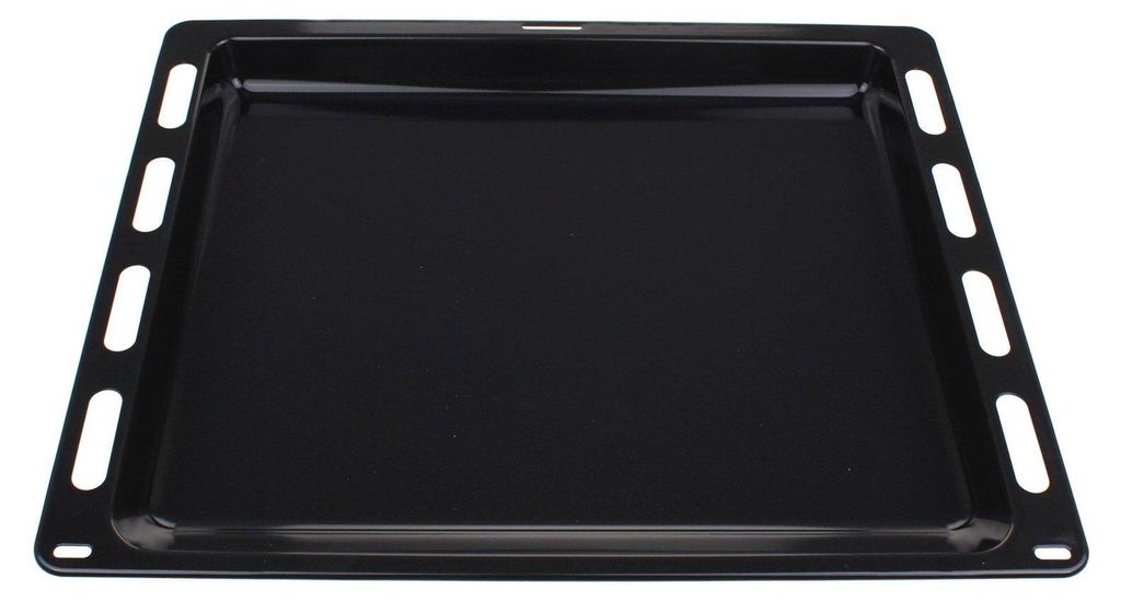 A black oven baking tray is shown from a slightly elevated angle against a white background.