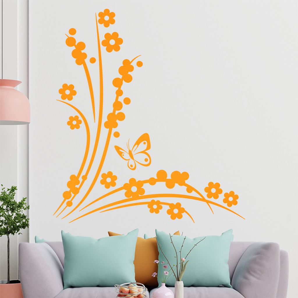 Blüten - Beeren - Schmetterling Wandtattoo in 6 Größen - Wandaufkleber Wall Sticker - Dekoration, Küche, Wohnzimmer, Schlafzimmer, Badezimmer