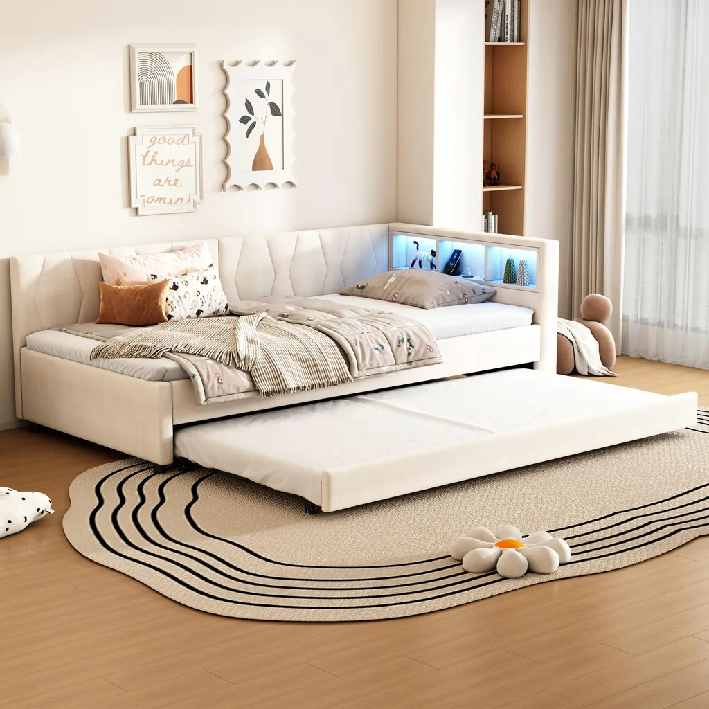 Canapé-lit Gigogne 90x200 cm Lit d'appoint avec LED et Prises USB