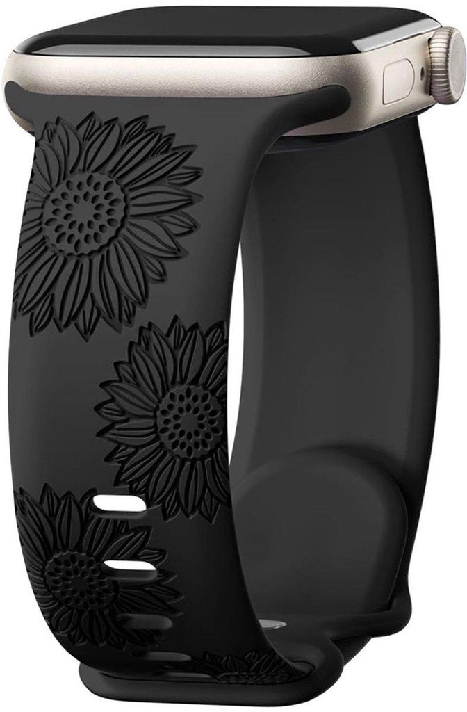 FFO2World Silikonarmband für Apple Watch 42–49 mm (SE, Serie 1–11, Ultra 1–3) – iWatch-Armband mit Sonnenblumen-Gravur – Schwarz