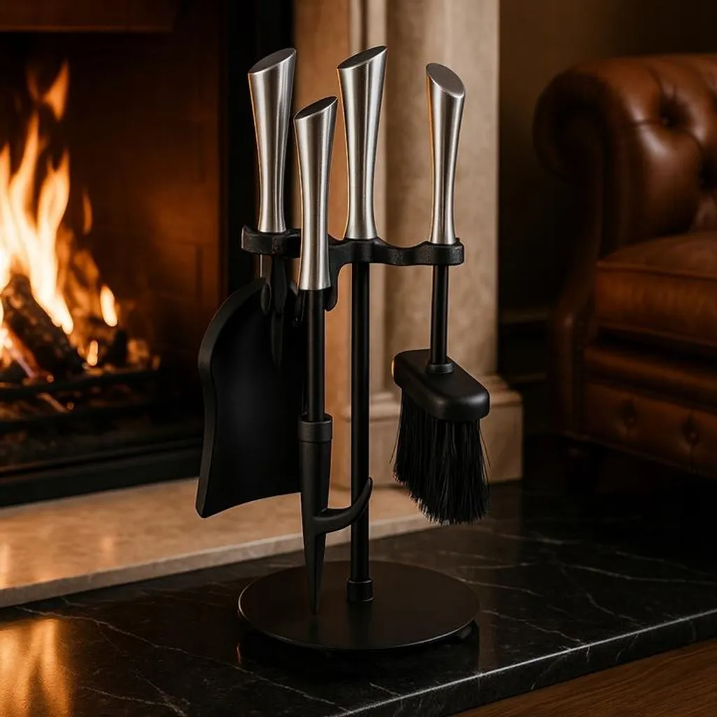Ensemble d'outils pour cheminée noir 4 pièces avec support robuste