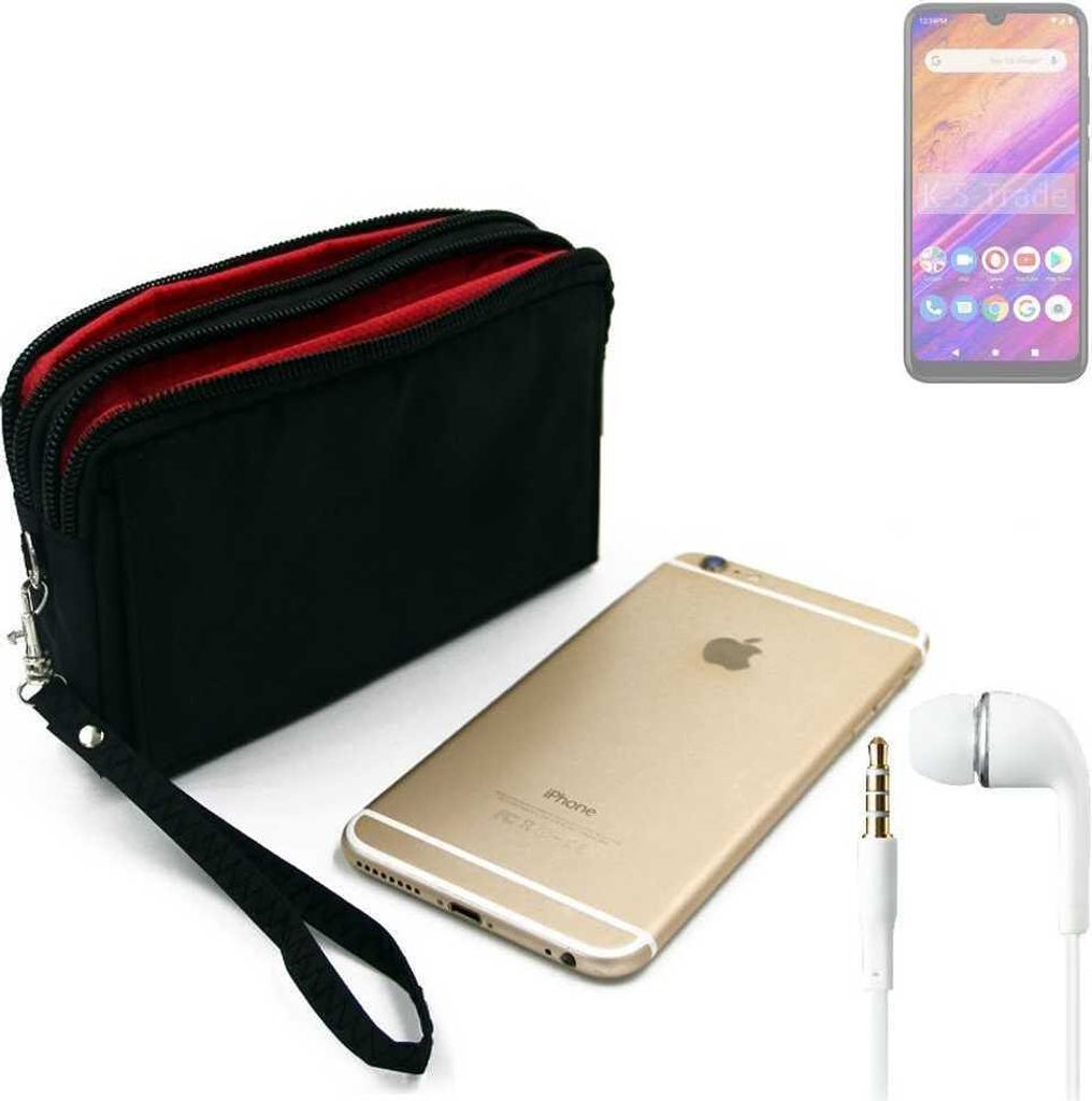 TOP SET kompatibel mit BLU J6S Handy Hülle Gürteltasche schwarz + Kopfhörer Travel Bag Travel-Case mit Diebstahlschutz praktische Schutz Hülle
