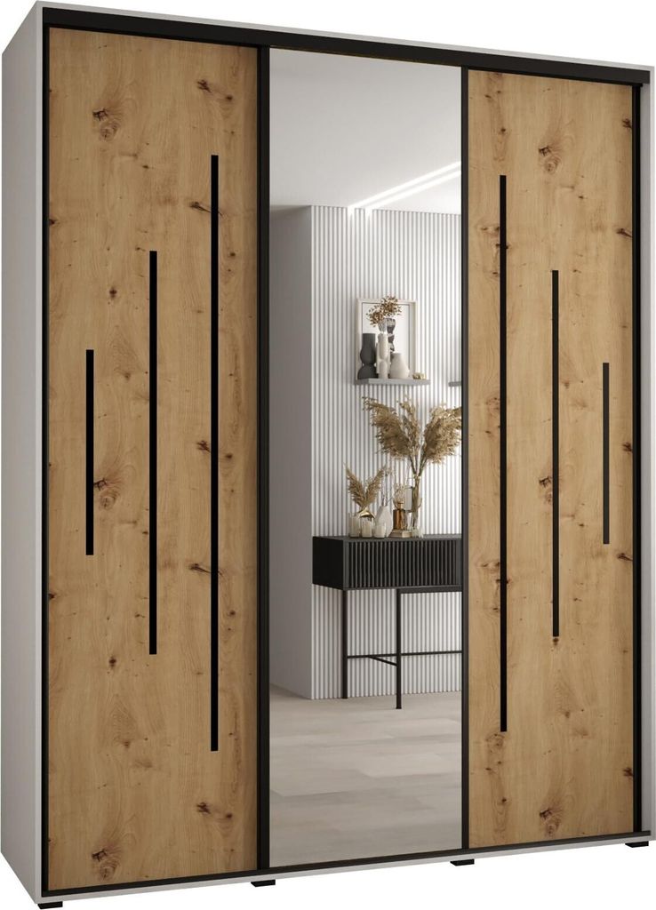 MEBLE KRYSPOL Cannes 13 Schrank mit 3 Schiebetüren - 205,2x190x60 cm - Weiß Artisan Schwarz