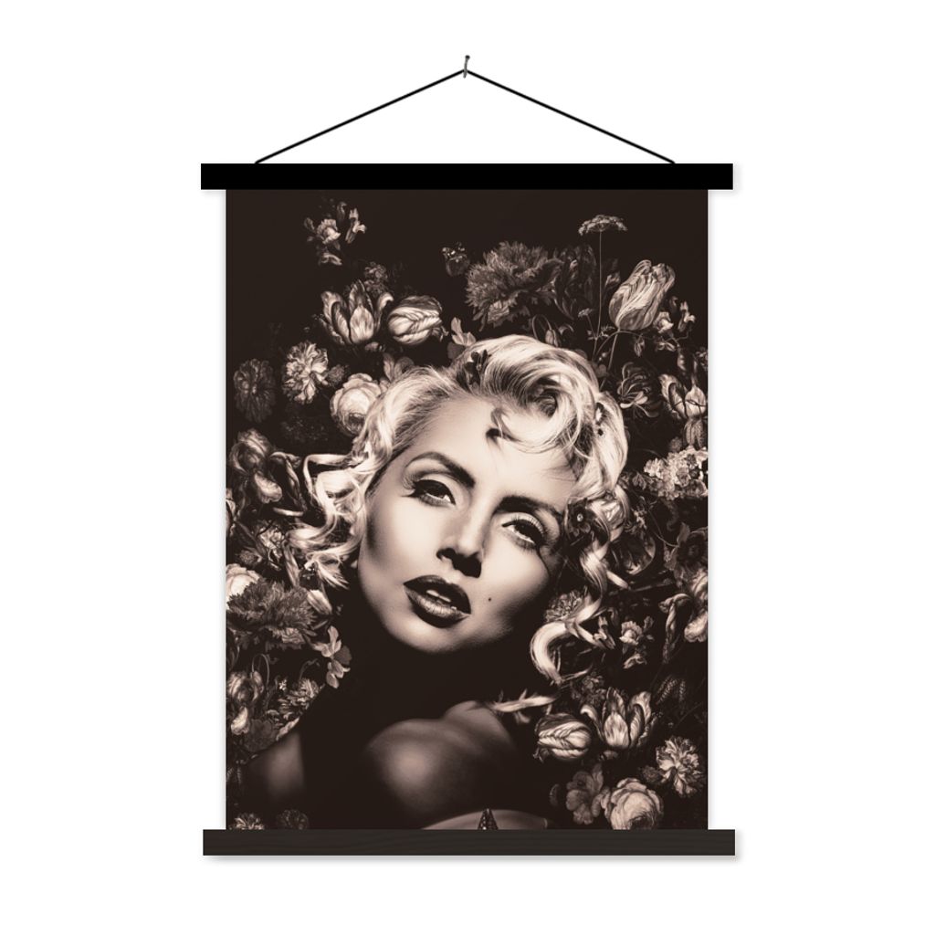 MuchoWow Textilposter Blumen - Frau - Schwarz - Weiß 90x120 cm mit schwarzem Rahmen - Dekoration