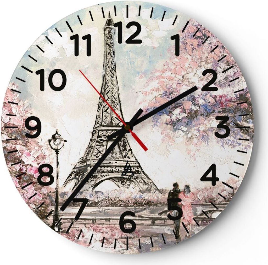 Wanduhr - Rund - Glasuhr - Bäume Eiffle Paar Frankreich - 30x30cm - Schleichendes Uhrwerk - Lautlos - zum Aufhängen bereit - Dekoration Modern - ...