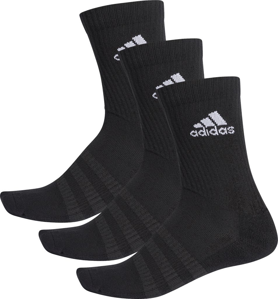 Three black Adidas socks are shown from the side, arranged in a slight diagonal.