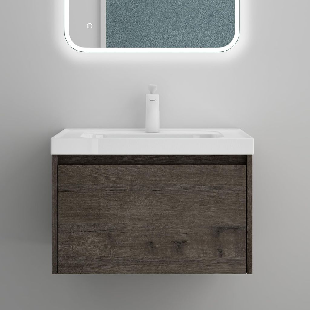Mai & Mai Badmöbelset Badezimmermöbel grau-braun Waschbeckenunterschrank 60 cm mit Waschschbecken aus Mineralguss Salerno
