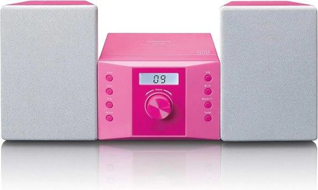 Mini chaîne Hi-Fi rose avec entrée AUX et écran LCD haute visibilité
