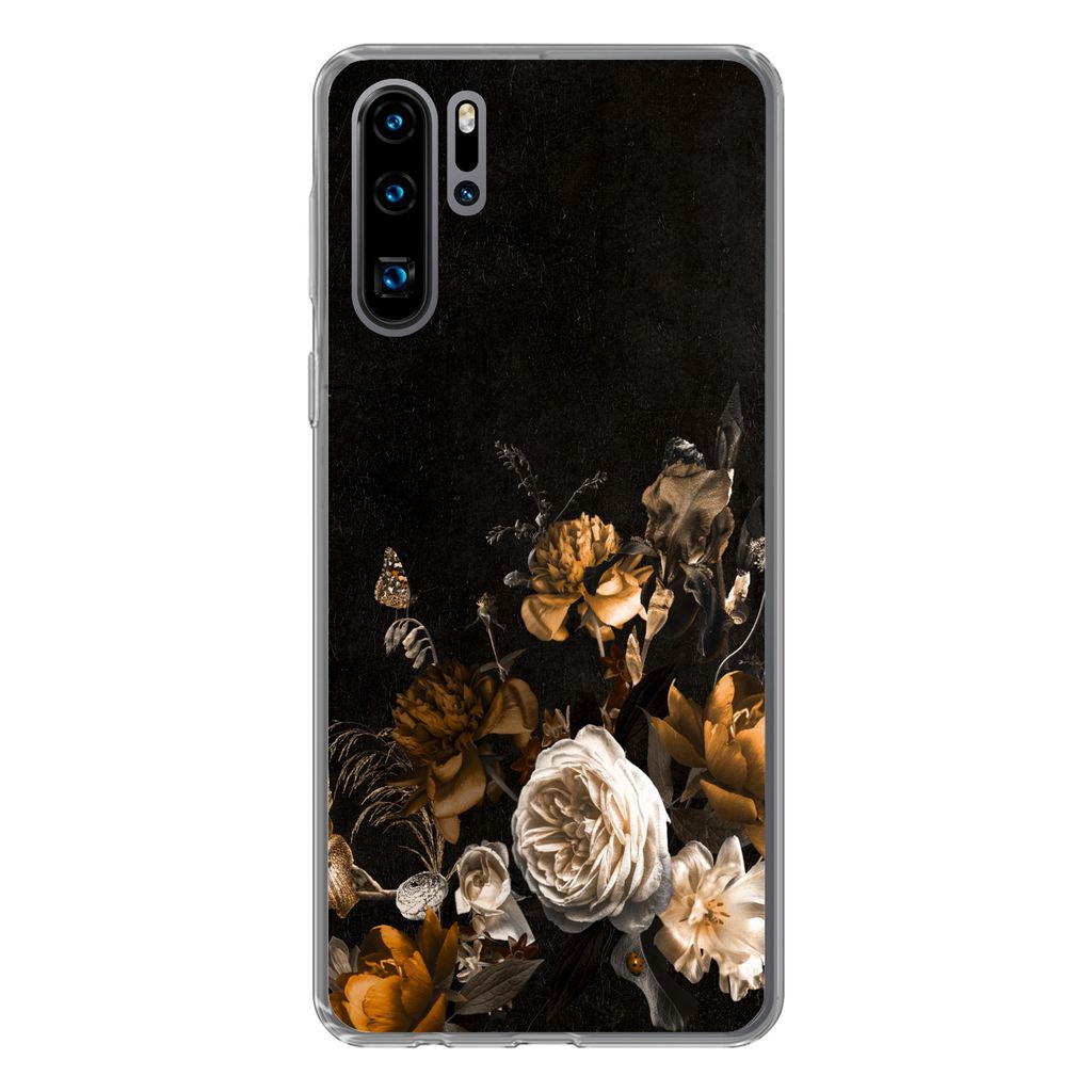 MuchoWow Handyhülle Schutzhülle Hülle für Huawei P30 Pro Blume - Gold - Muster Silikon Softcase Handy Hülle - Schutzdeckel