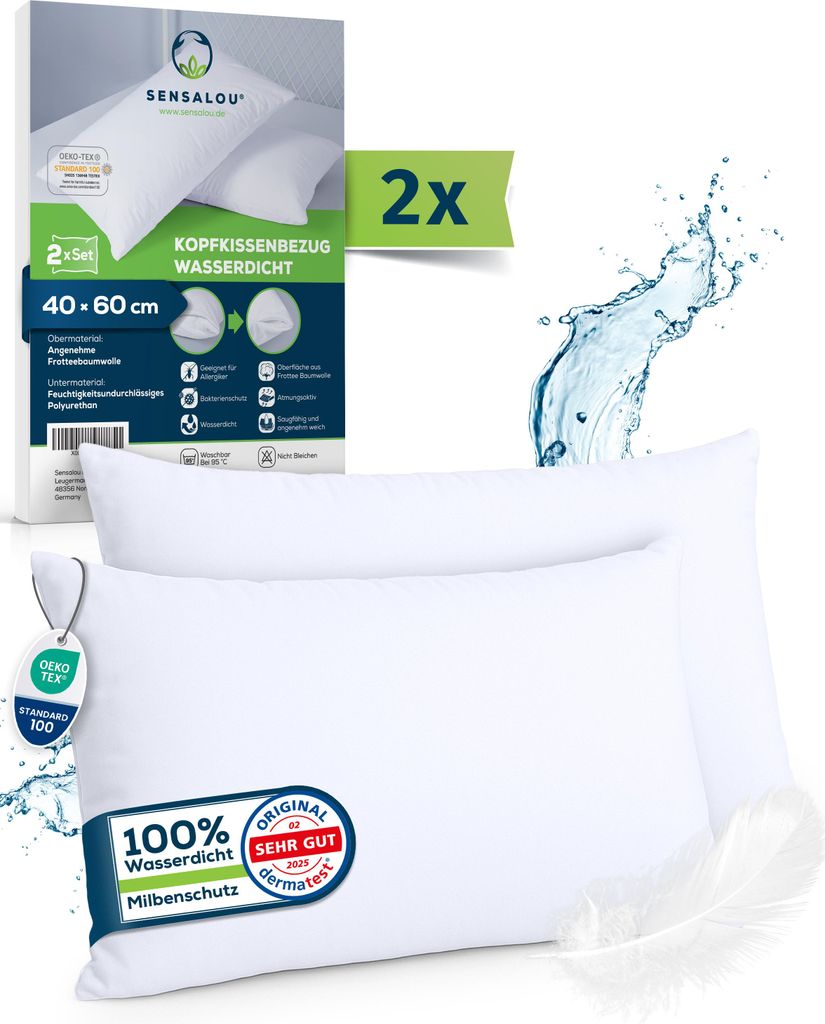 Two white pillows are shown, with packaging and marketing elements in the background.