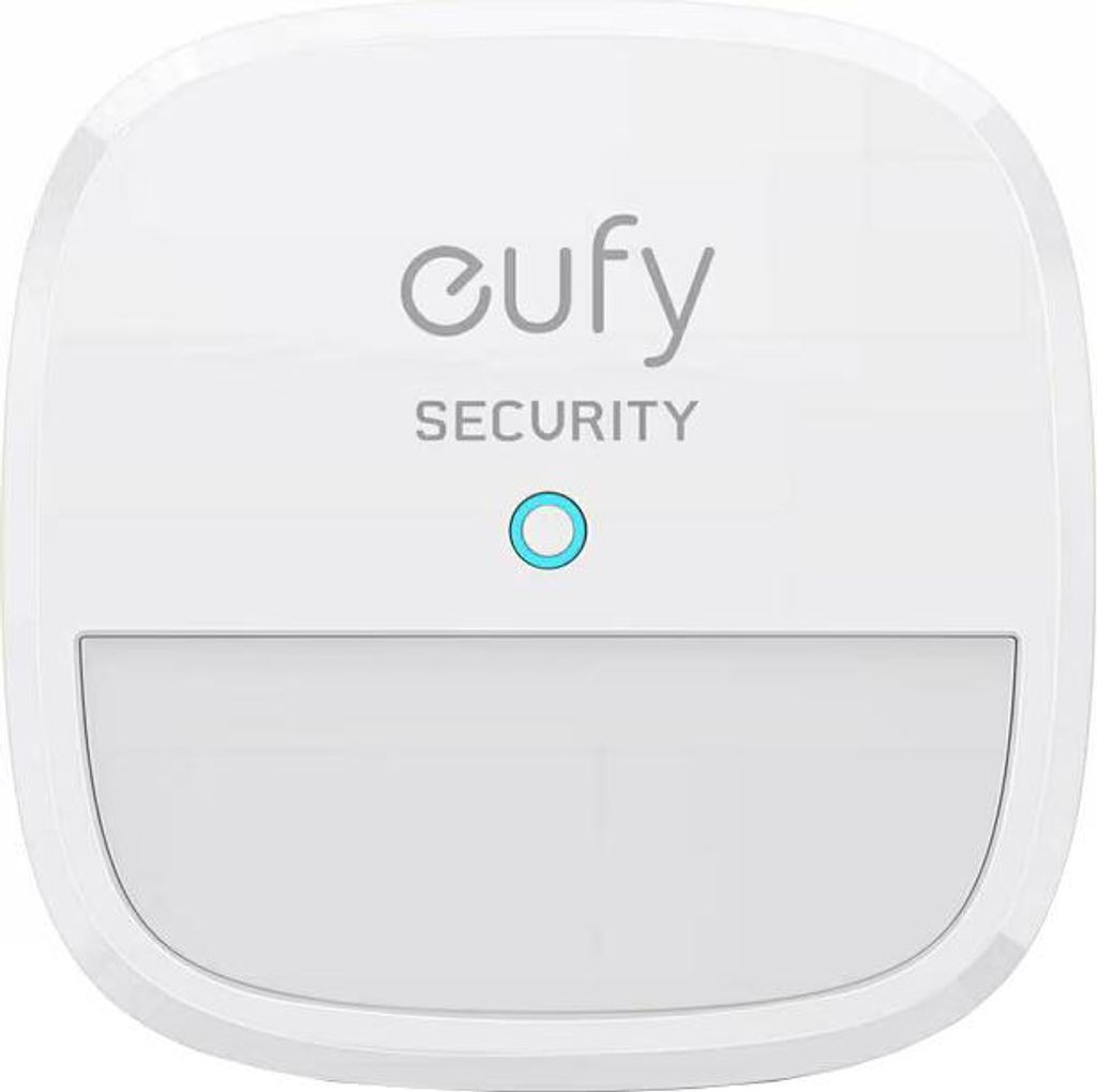 A white Eufy security motion sensor is shown against a white background.