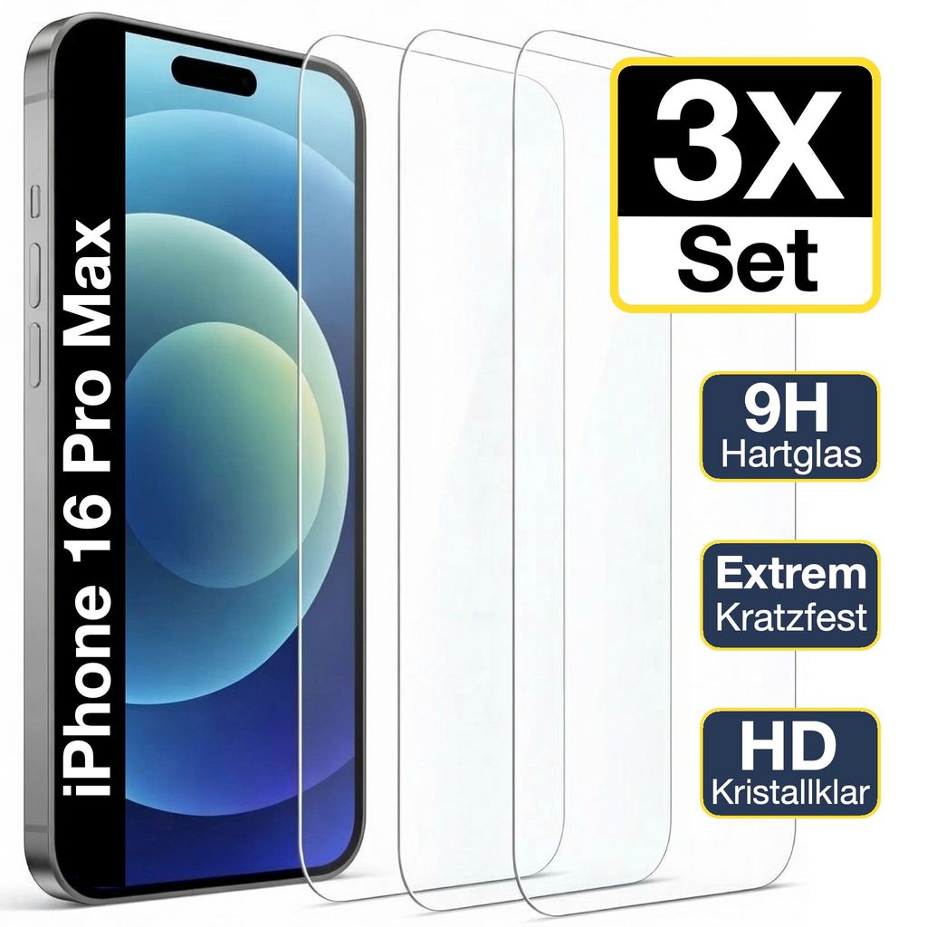 3x iPhone 16 Pro Max Panzerglas Panzerfolie Displayschutz Produktbild 