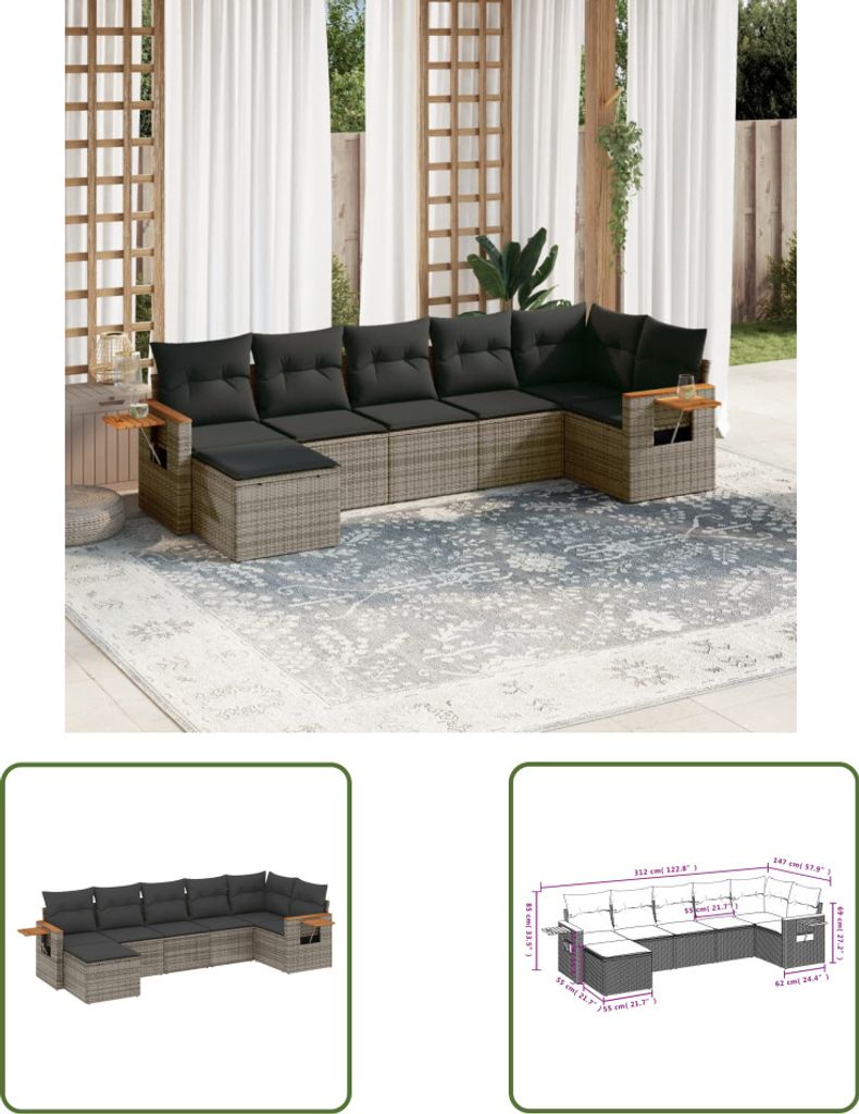 The Living Store 7-tlg. Garten-Sofagarnitur mit Kissen Grau Poly Rattan