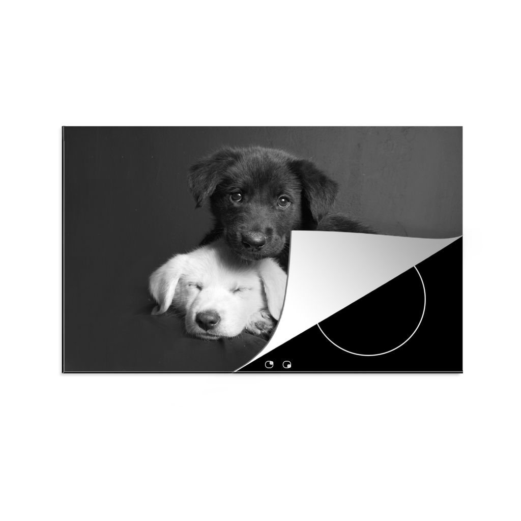 KitchenYeah Herdabdeckplatte Hunde - Welpe - Schwarz - Weiß - Tiere , 77x51cm, Küche Deko, Glaskeramikkochfeld Herdabdeckung, Abdeckplatte fùr...