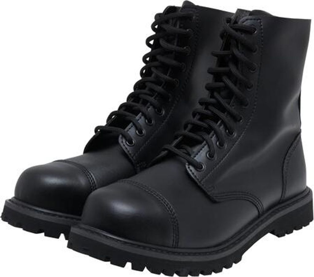 A pair of black lace-up boots on a white background.