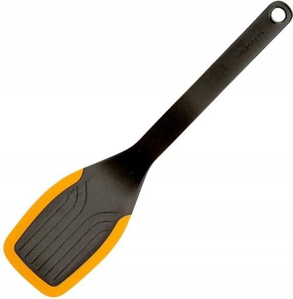 A black and orange spatula on a white background.