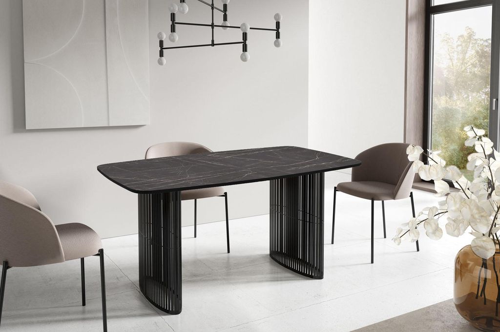 Esstisch Rechteckig Ausziehbar mit Lamellen im Loft-Stil – 160 bis 240 cm – Schwarzen Metallbeinen, Industrieller Tisch mit Abgerundeten Ecken ...