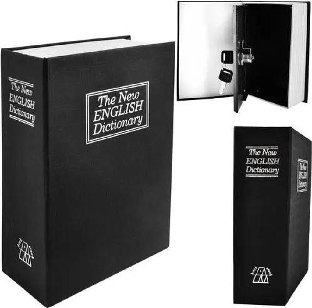 A collage of images showing a black book safe designed to look like a dictionary, including a view of its open interior with keys.