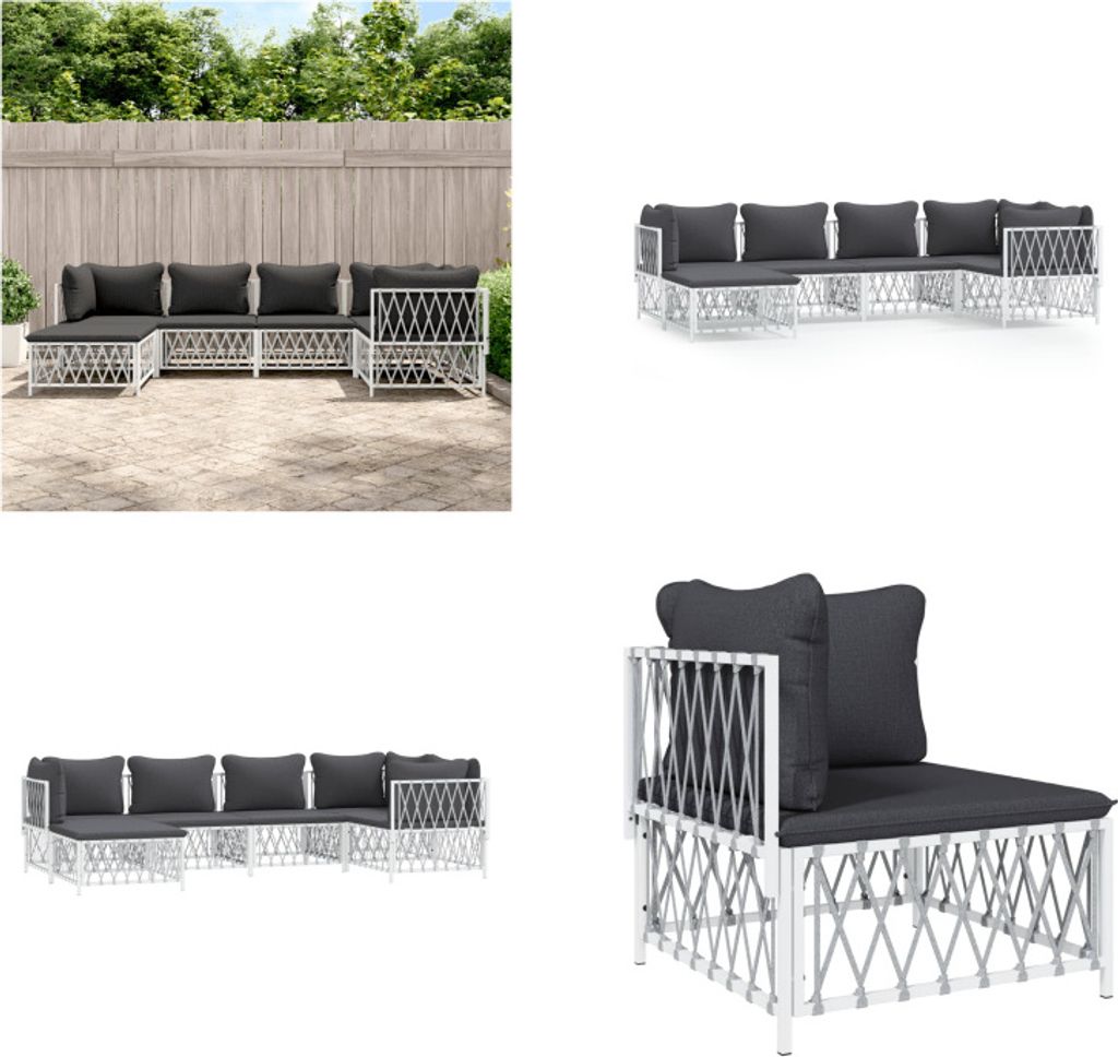 vidaXL 6 tlg. Garten Lounge Set mit Kissen Weiß Stahl - Garten Lounge Set - Garten Lounge Sets - Lounge Set - Gartenmöbel Set