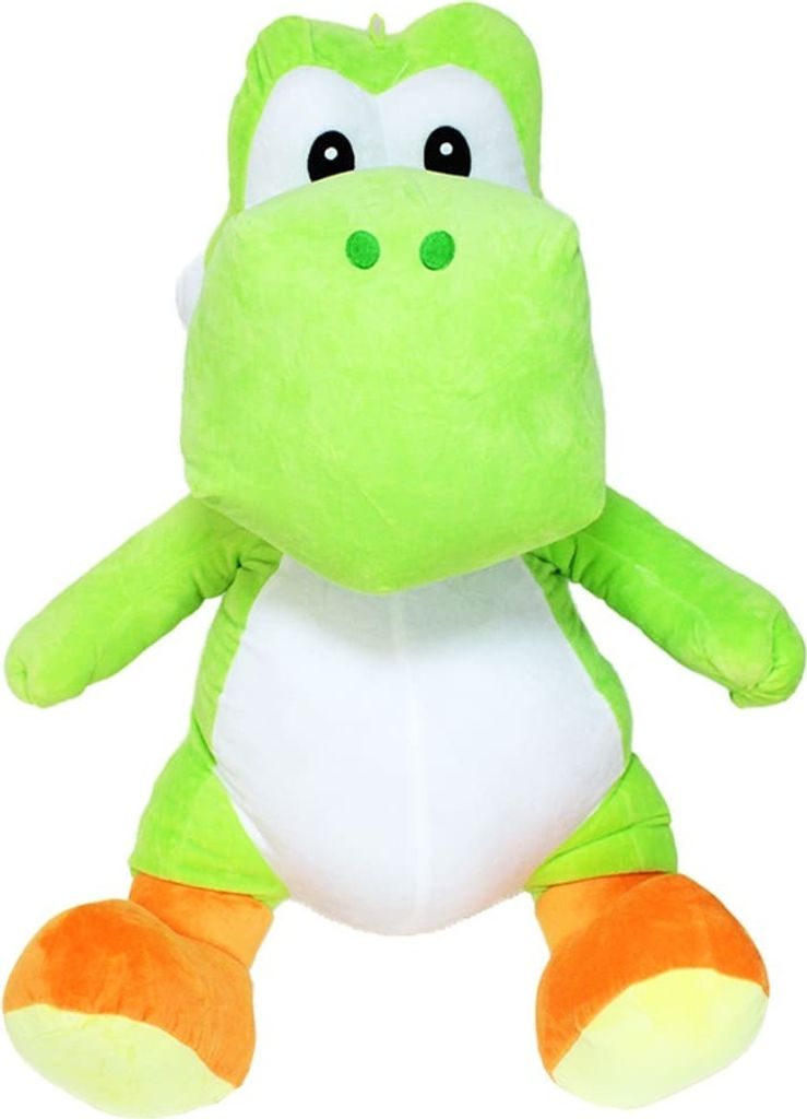 A plush toy of the character Yoshi from the Super Mario franchise.
