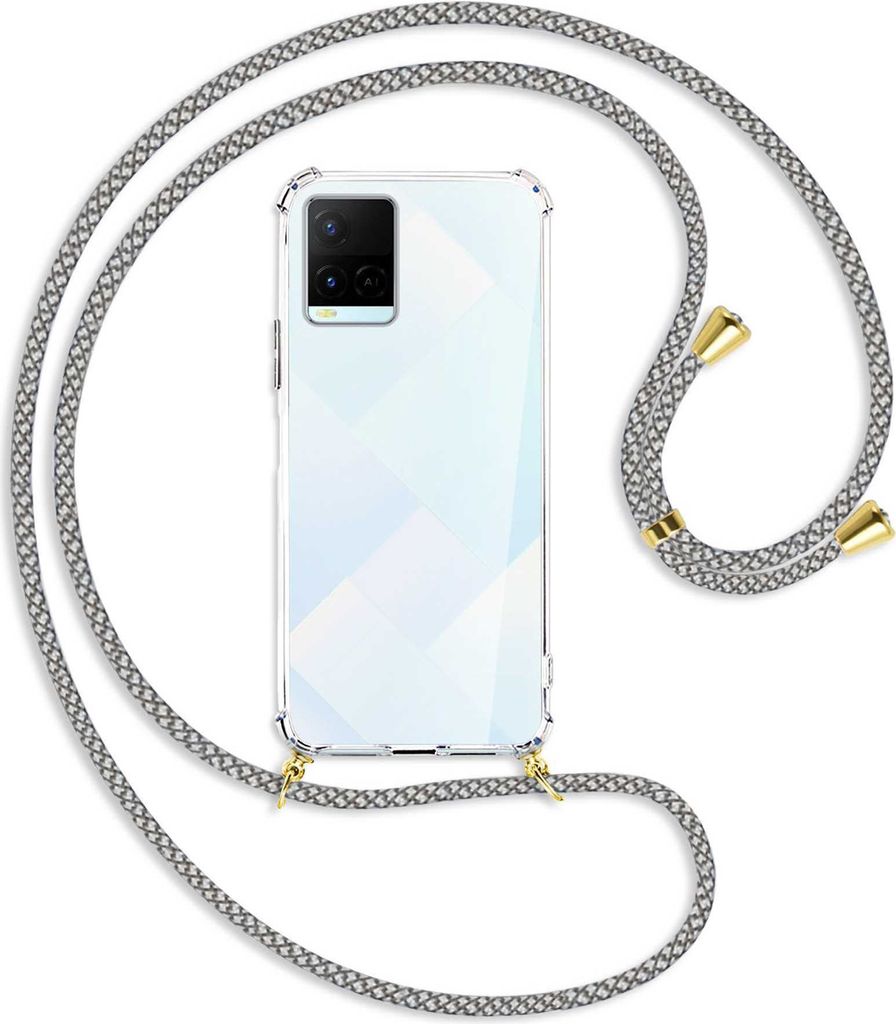 Handykette Backcover-Schutzhülle mit Band (Metall goldfarben) für vivo Y21s (6.51''), Y33s - weiß/grau kariert