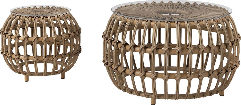 2er Set Beistelltisch Polyrattan Ø66/42 cm rund wetterfest Gartentisch mit Glasplatte Braun