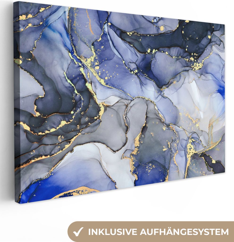 MuchoWow - Leinwandbilder - Marmor - Gold - Abstrakt - Blau, Wandbild, Wanddeko Bilder Wohnzimmer, 120x80 cm