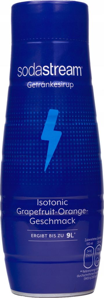 A blue bottle of SodaStream syrup with a lightning bolt logo.