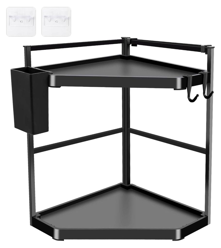 Küchengewürzregal, 2-stöckiges Eckregal, 40 × 29 × 39 cm, Stehender Organizer für Schreibtische, Eckregal aus Edelstahl und Kunststoff, mit M...