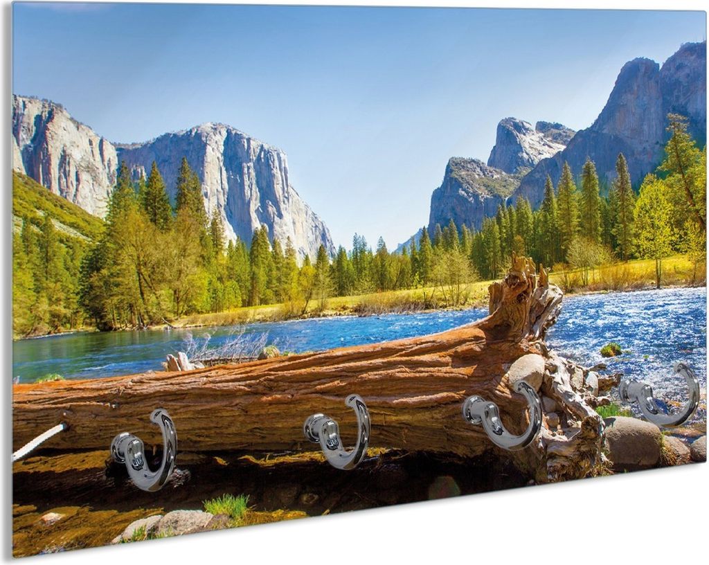 Wallario Handtuchhalter aus Glas, Motiv: Baumstamm im Fluss zwischen Bergen und Wäldern, 30 x 20 cm mit 4 Haken