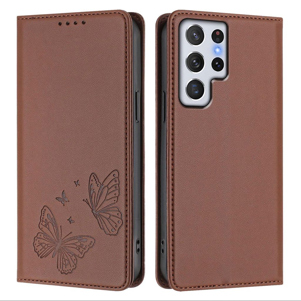 Lederhülle für Samsung Galaxy S22 Ultra 5G, Schmetterling Prägung Leder Brieftasche Schutzhülle mit Ständer Braun