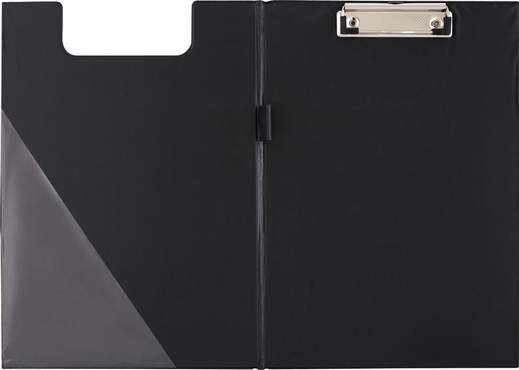 A black clipboard folder is shown open, lying flat on a white background.