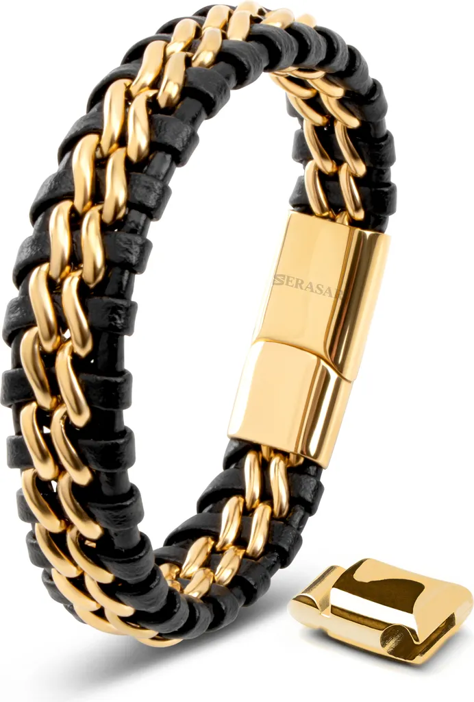Braccialetto SERASAR Oro e Pelle Uomo 20cm - Stile Urban Acciaio