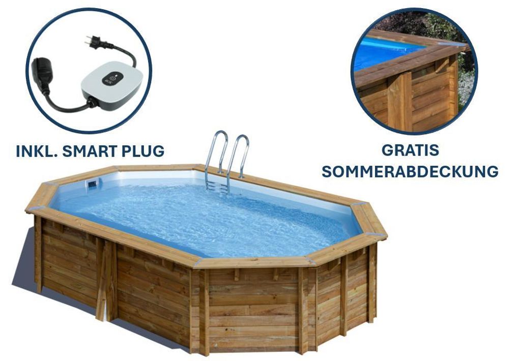 GRE Holzbecken oval Modell Canelle 2 551 × 351 × 119 cm, Komplettset + GRATIS Sommerabdeckung